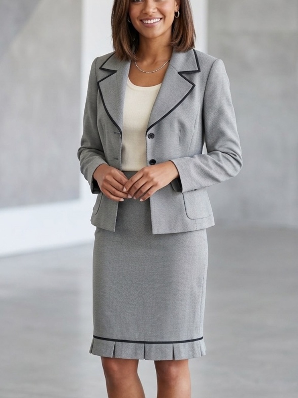 Tahari ASL 14P Gray Black Trim Blazer Jacket Skirt Suit Career